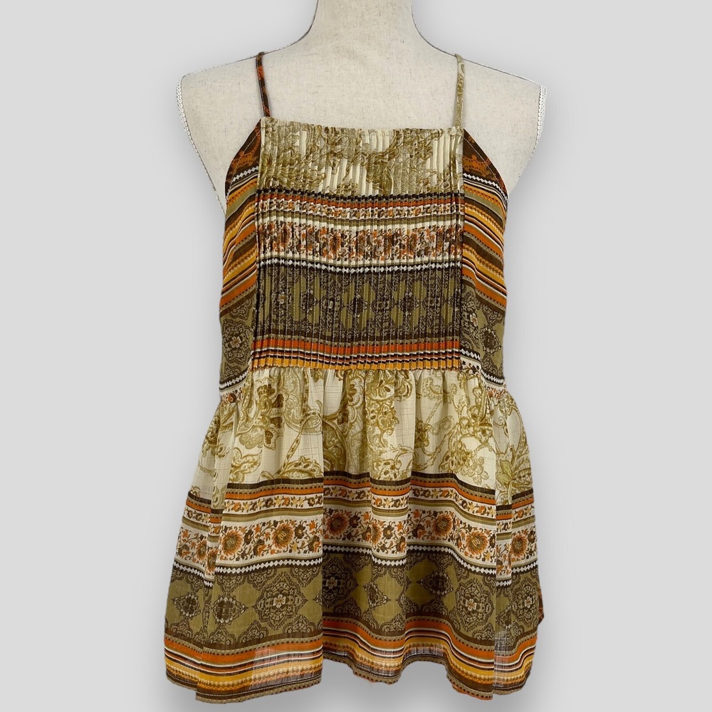 Moon River Womens Peplum Camisole Top Boho Brown Orange Floral Striped Medium